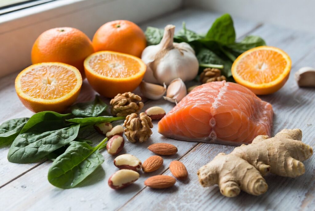Uma mesa com alimentos coloridos: 🍊 Laranja 🧄 Alho 🫚 Gengibre 🥬 Espinafre 🥜 Castanhas 🐟 Salmão