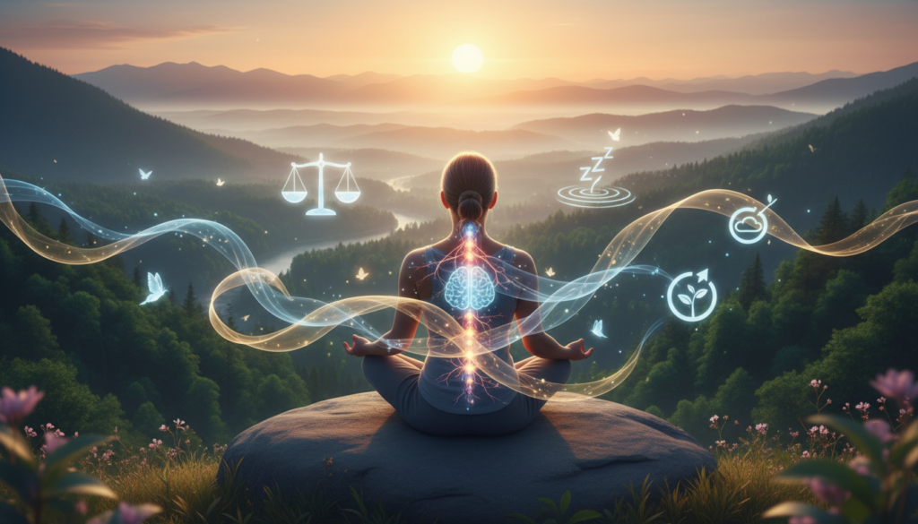 Pessoa meditando na natureza representando o conceito de Neurowellness e equilíbrio do sistema nervoso.