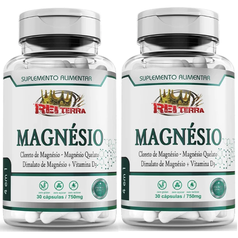 Kit 2 Magnésio 4 em 1 Cloreto de Magnésio + Magnésio Quelato + Dimalato de Magnésio + Vitamina D3 60 Cápsulas 750mg