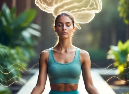 Jovem praticando meditação em ambiente tranquilo.