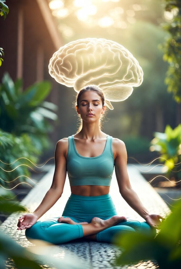 Jovem praticando meditação em ambiente tranquilo.